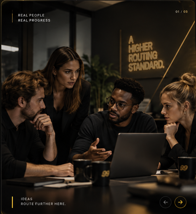 Team collaborating around a laptop in the Hybrid V5 workspace